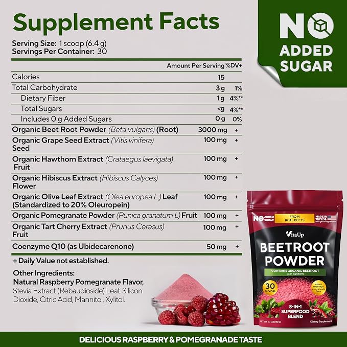 VitaUp Beet Root Powder 8 in 1 – USA Made Beets Powder Supplements with Grape Seed, Hawthorn, Coq10 – with Organic Beetroot for Normal Circulation & Energy Support – 30 Serving