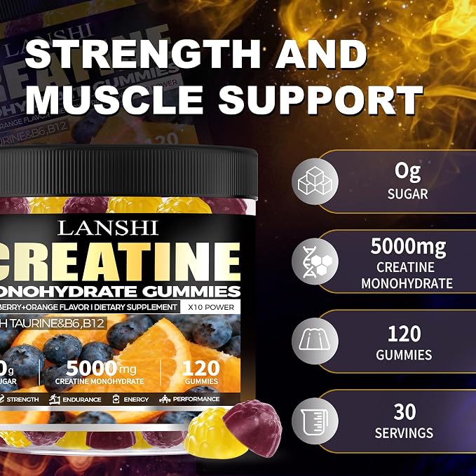 Creatine Monohydrate Gummies 5000mg - Sugar Free Pre Workout Supplement for Men & Women, Creatine Gummies for Muscle, Strength, Recovery, Cognitive Health & Memory, Blueberry Orange Flavor, 120 Count