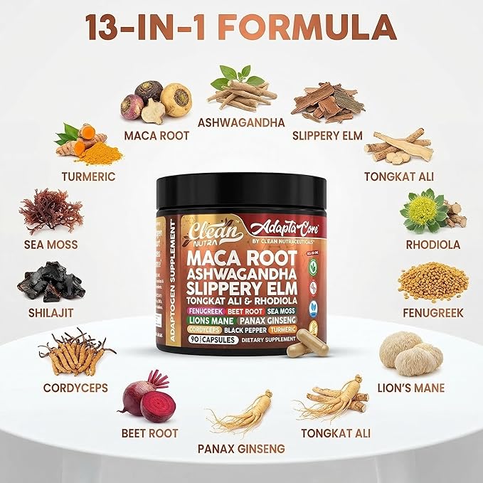 Clean Nutra Organic Maca Root Capsules for Women + Ashwagandha Slippery Elm Tongkat Ali Rhodiola Rosea Fenugreek Beet Root Sea Moss Ginseng Black Yellow Red Maca Powder Supplement 90 Pills