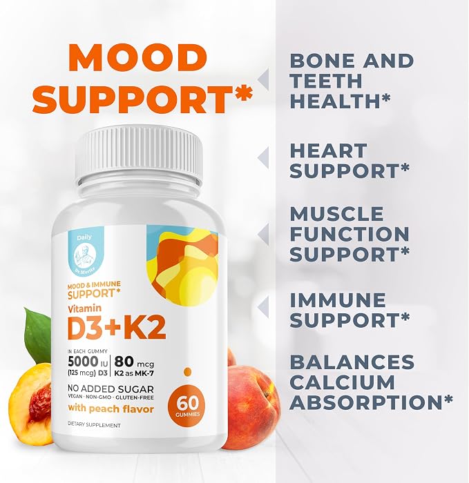 DR. MORITZ Vitamin D3 Gummies (5000 IU) with K2 - for Adults and Kids - Vitamin D3 K2 Gummies for Immune Support & Bone Health - Vegan, Sugar Free, Gluten Free (60 Count)
