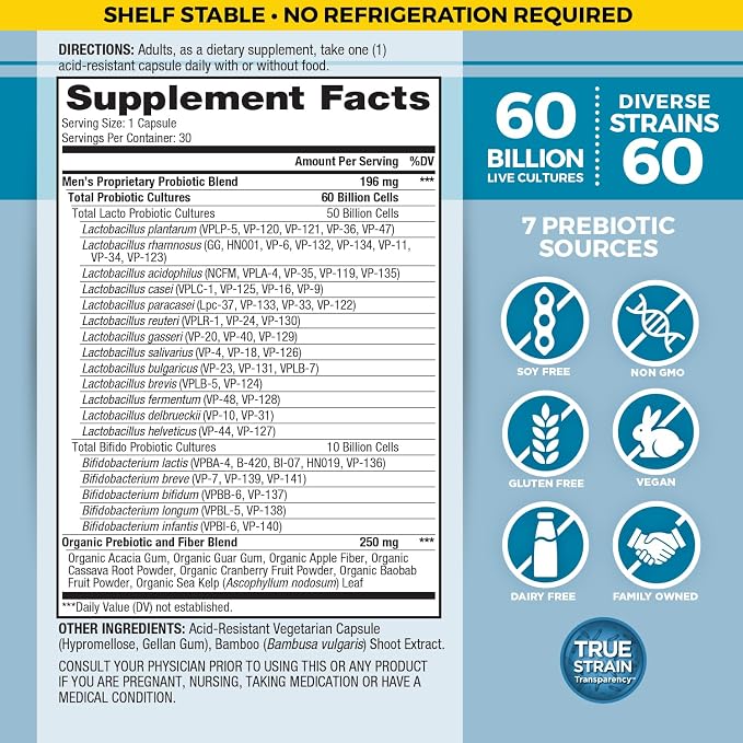 Vital Planet - Vital Flora Probiotics for Men, 60 Billion CFU, 60 Diverse Strains, 7 Organic Prebiotics, Men’s Daily Shelf Stable Probiotic for Immune Support, Gas Relief, Digestive Health 30 Capsules