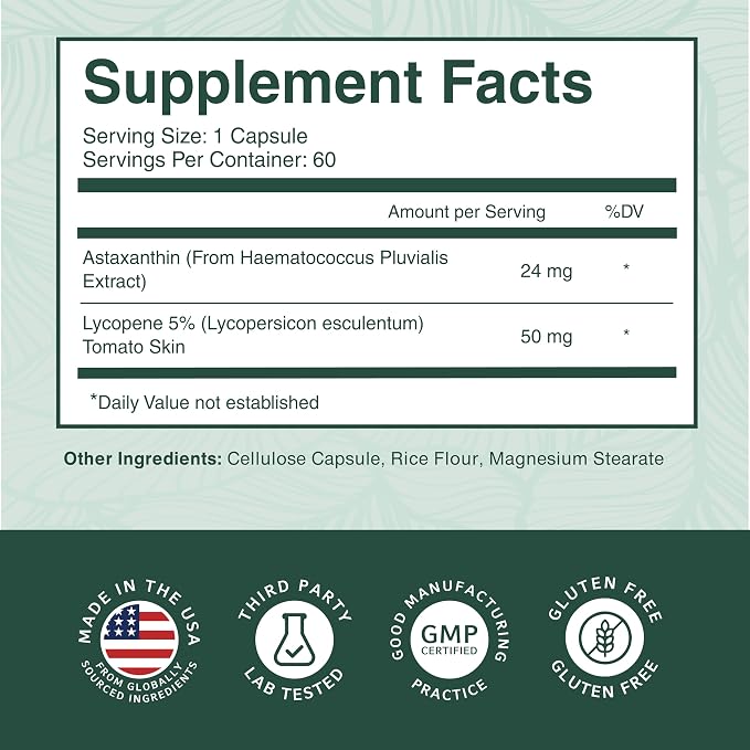 PurePremium Astaxanthin Supplements - Astaxanthin 24mg with Lycopene 50mg Antioxidants Supplement for Skin & Eye Health, & Immune System Support – Non-GMO - 60 Count, 2 Month Supply