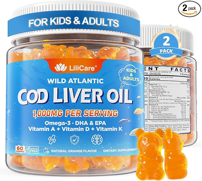 Cod Liver Oil Gummies 1000mg for Kids & Adults - w/Omega 3 (EPA & DHA), Vitamins A, D3 & K2 - Cod Liver Oil Omega 3 Gummies for Immune, Brain & Cognitive Support, SugarFree, Orange Flavor, 120Cts