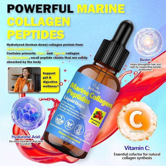 Marine Collagen Peptides Liquid Drops, Hydrolyzed Multi Type I & III Collagen w. Hyaluronic Acid Biotin Vitamin C for Joint, Skin, Hair & Nail, Liquid Marine Collagen High Absorption for Women Men