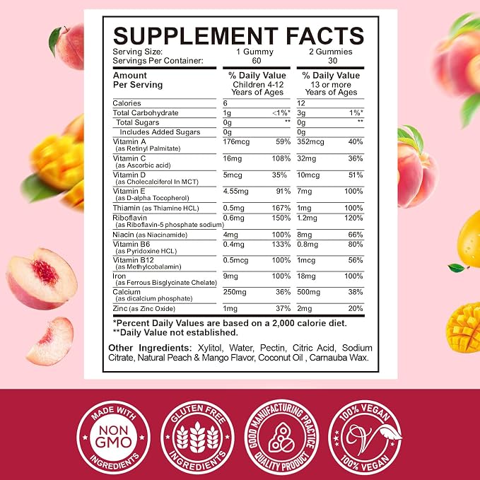 Iron Supplement Gummies for Kids - with Calcium, Zinc, Kids Multivitamin with Iron Gummies - Immune Support, Blood Builder & Energy Support for Iron Deficiency, Anemia, Peach & Mango Flavor, 60 Count