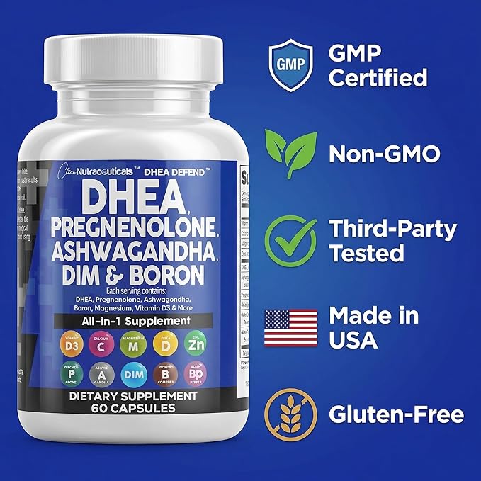 DHEA 200mg Supplement Pregnenolone 100mg for Men & Women with DIM Ashwagandha Boron 6mg Complex Calcium Magnesium Zinc 50mg Vitamin D3 5000 IU Hormone Support Capsules Pills Made in USA 60 Count