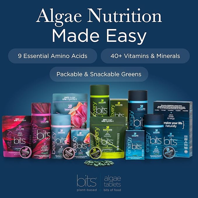 ENERGYBITS - Organic Spirulina Tablets - Plant-Based Algae Superfood - for Focus, Fitness, Energy - Plant Protein - Gluten Free - Collagen, Vitamin B12, Omega 3 - Keto & Vegan - 900 Algae Tablets