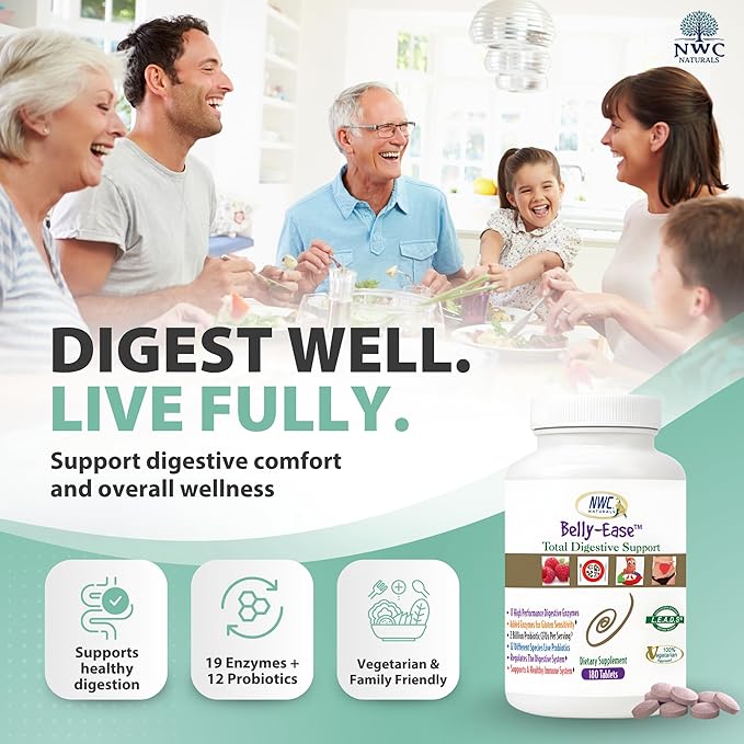 NWC Naturals Belly-Ease Healthy Digestive Enzymes Plus Prebiotics & Probiotics, Essential Enzymes, Vegetarian, Better Digestion, Full Spectrum Digestive Solution - 180 Count Chewable Tablets