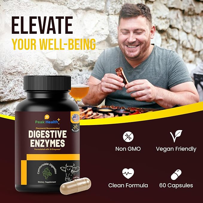 Peak Health, Digestive Enzymes for Foodies | Digestive Support for Meat, Carbs, Fat, Milk and Vegetable Digestion – Pharmacist Formulated 60 Count - USA