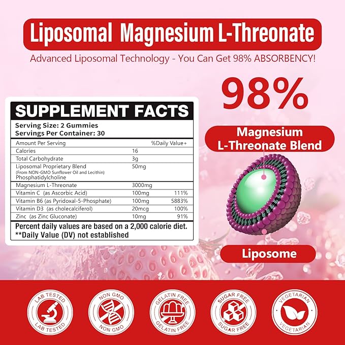 2 Pack Liposomal Magnesium Threonate High-Potency 3000mg Gummies,Liposomal Enhance 98% Absorption,Magnesium L-Threonate Supplements, Muscle & Nervous System for Kids & Adults