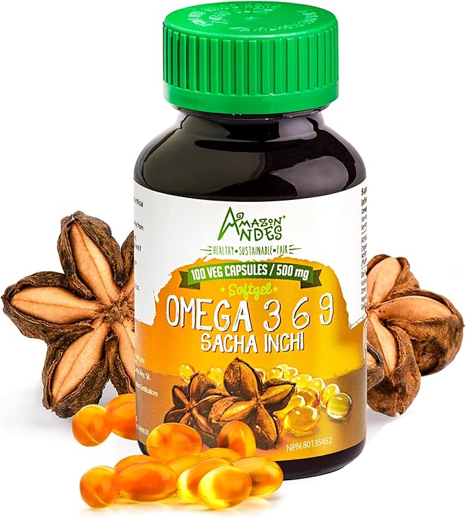 Amazon Andes Sacha Inchi Oil Capsules 500mg - Omega 3 6 9 Fatty Acids from Peru - 100 Softgels - Cold Pressed Virgin Inca Peanut Oil - Plukenetia Volubilis - Vegan Plant Based Non-GMO