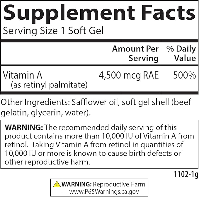 Carlson - Vitamin A, 15000 IU Palmitate (4500 mcg RAE), Vision Health & Healthy Skin, Immune Function, 240 Softgels