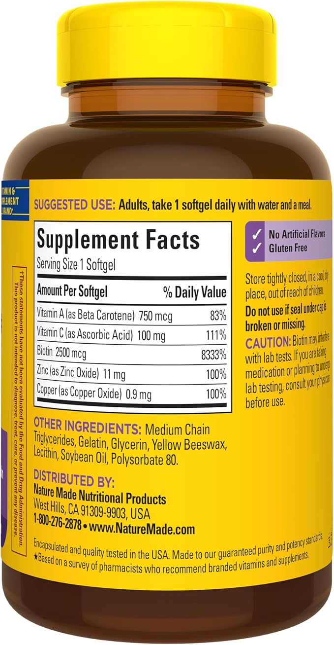 Nature Made Hair Skin and Nails with Biotin 2500 mcg, Dietary Supplement For Healthy Hair Skin and Nails Support, 120 Softgels, 120 Day Supply