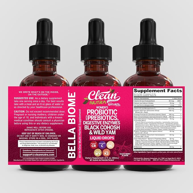 Liquid Probiotics for Women Drops with Chasteberry, Black Cohosh, Prebiotics, Digestive Enzymes, Evening Primrose Oil, Wild Yam, Cranberry Dmannose and Iron Vitamin D3 K2 Clean Nutra Bella Biotics (2)