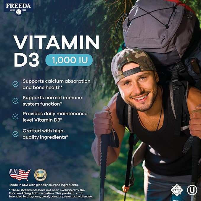 FREEDA Pure Vitamin D3 1000 IU – Daily Maintenance Dose – Bone Health, Joint, Muscle & Immune Support – Vit D3 Vitamin D Supplement for Women & Men – 25 mcg 1,000 IU Easy-to-Swallow (500 Tiny Tablets)