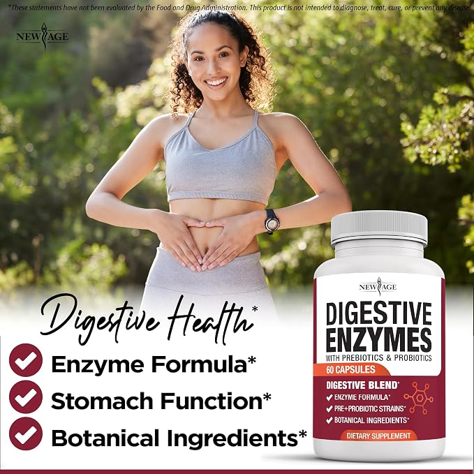 NEW AGE Digestive Enzymes for Gut Health - Probiotic Multi Enzymes with Prebiotics and Probiotics with Lipase for Women and Men for Digestive Health, Daily Enzymes for Digestion - 120 Count