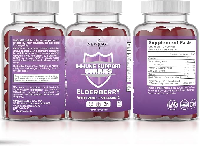 NEW AGE Immune System Support Gummies - Sambucus Black Elderberry Gummies with Vitamin C and Zinc (180 Count (Pack of 3))