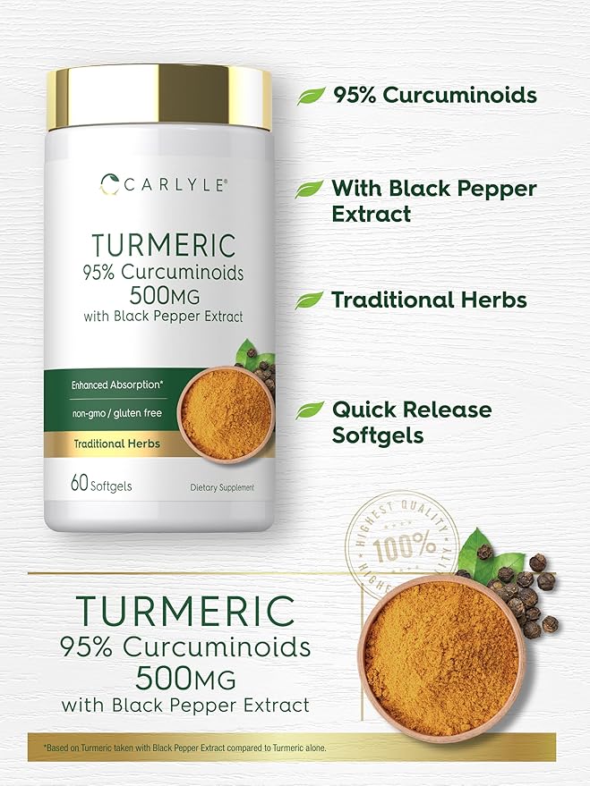 Carlyle Turmeric Curcumin Supplement 500mg | 60 Softgels | with Black Pepper Extract | 95% Curcuminoids | Non-GMO, Gluten Free