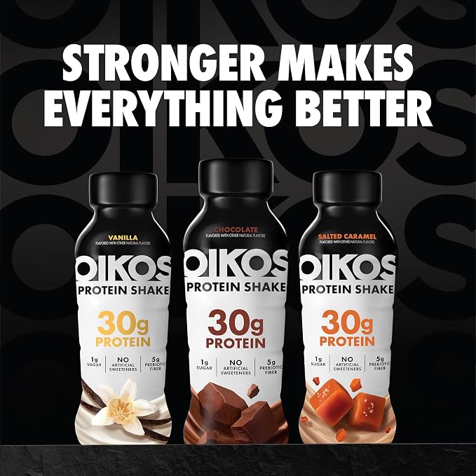 Oikos Protein Shake, Salted Caramel, 30g High Protein Drinks, Shelf Stable, Ready to Drink, 5g Prebiotic Fiber, 12 fl oz Bottle,(Pack of 24)