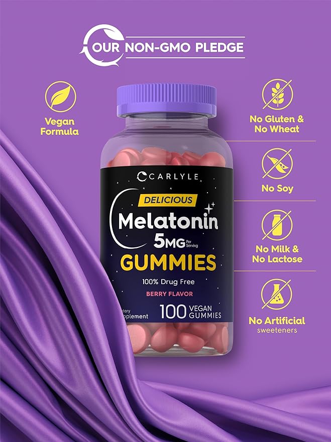 Carlyle Melatonin 5mg Gummies | 100 Count | Berry Flavor | 100% Drug Free | Non-GMO, Gluten Free Supplement