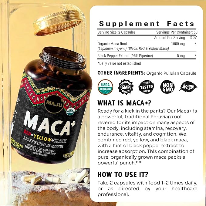 Maju Superfoods 4-in-1 Maca Root Capsules, Organic Black, Yellow & Red Roots w Black Pepper Extract for Absorption (120 ct) | Peru Product, Peruvian Powder, Men & Women Supplement, 60,000 mg