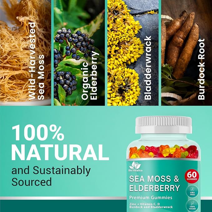 BIO VITALICA Irish Sea Moss Gummies with Elderberry – USA Made Vegan Gummies with Vitamin C, D & Zinc – Immune Support Supplement with Bladderwrack & Burdock Root for Adults & Kids – 5 Pack