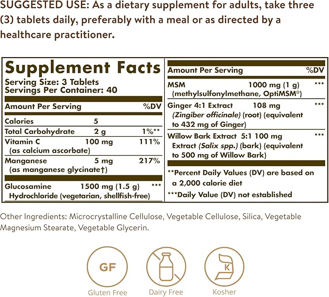 Solgar Glucosamine MSM Complex, 120 Tablets - Promotes Healthy Joints - Supports Range of Motion & Flexibility - Supports Collagen - Shellfish-Free - Gluten Free, Dairy Free, Kosher - 40 Servings
