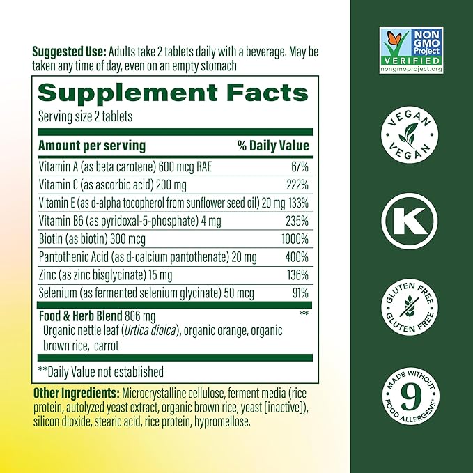 MegaFood Skin, Nails & Hair 2 - Vitamins For Women & Men - Biotin, Vitamin A, Vitamin C, Zinc, Vitamin B6, Vitamin E, Pantothenic Acid - Vegan - Made Without 9 Food Allergens - 90 Tabs (45 Servings)