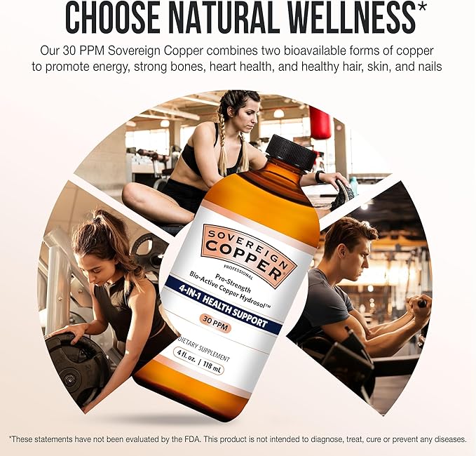Sovereign Copper Pro-Strength Bio-Active Copper Hydrosol - Bioavailable Liquid Supplement for Adults & Kids w/ Silver Hydrosol for Hair, Skin, & Nails, 30ppm - 4 fl oz (118mL)