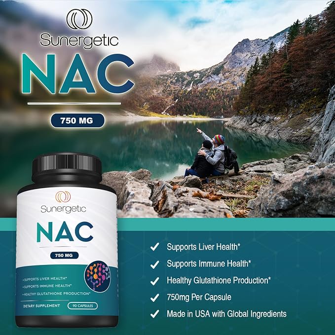 Sunergetic Premium NAC Supplement N-Acetyl Cysteine – 750mg Per Capsule – Supports Liver, Detox Immune, Cellular & Respiratory Health – 90 N Acetyl Cysteine Capsules