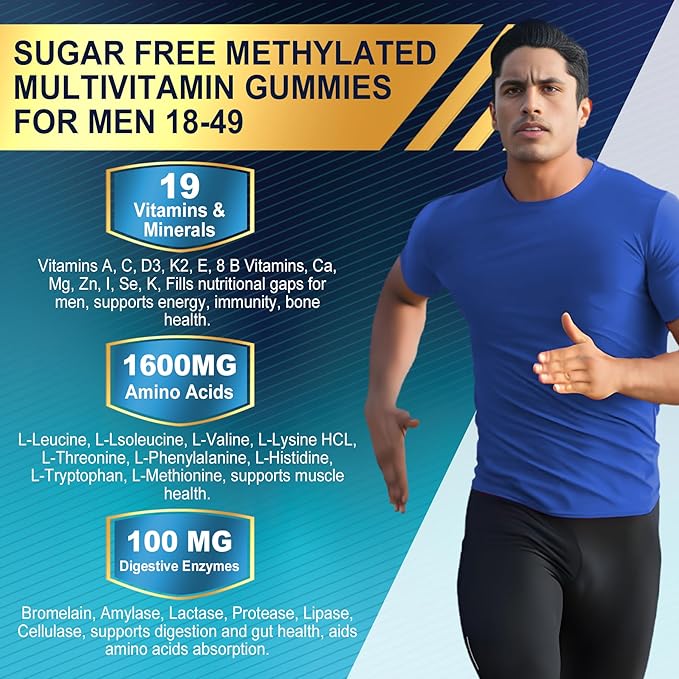 2 Pack Methylated Multivitamin for Men Gummies, BCAA Amino Acids, Zinc, Biotin, Vitamin A C E D3 K2 B Complex Calcium, Magnesium, Lycopene, Digestive Enzymes - Energy Muscle Immune - Sugar Free, Vegan