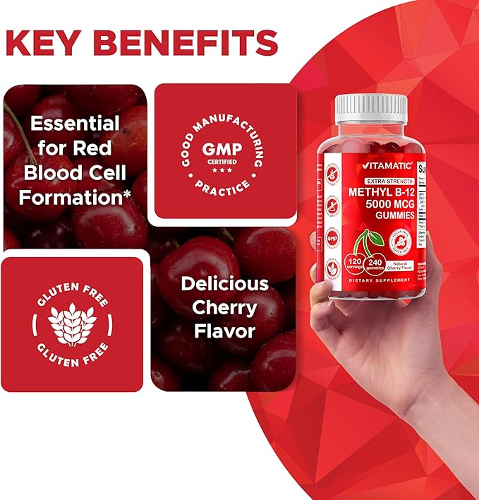 Vitamatic Extra Strength Vitamin B12 5000 mcg (Methyl B12) Gummies - 240 Count, Natural Cherry Flavored