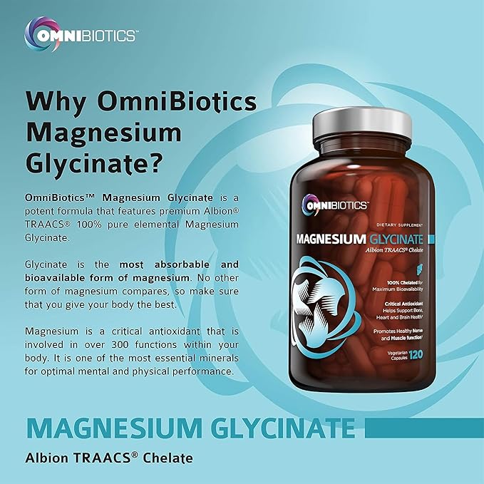 OmniBiotics Magnesium Glycinate Supplement – with 100% Pure Albion TRAACS Bisglycinate Chelate for Sleep, Muscle, Nerve & Heart Health – 120 Vegan Capsules