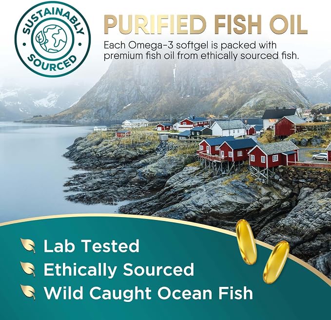 Omega 3 Fish Oil Supplements - 2400mg Fish Oil Per Serving - Triple Strength Omega-3 with Fatty Acids EPA & DHA - Natural Heart, Brain & Immune Support - Wild Caught, Bottled in USA - 60 Softgels
