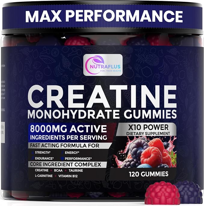 Creatine Monohydrate Gummies 8000mg per Serving for Men & Women – Creatine Gummies with BCAA, Taurine, L-Carnitine & Vitamin B12 – Made in USA, Vegan, Gluten Free, Berry Flavor, 120 Count