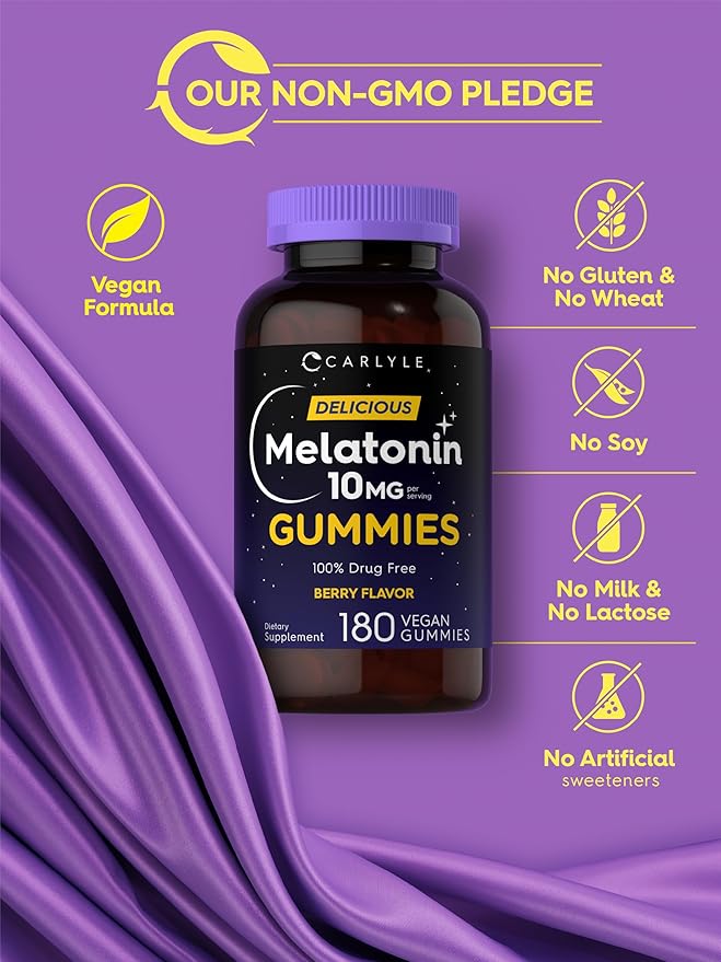 Carlyle Melatonin Gummies 10mg | 180 Count | Adult Drug Free Aid | Berry Flavor | Vegan, Non-GMO, Gluten Free Supplement