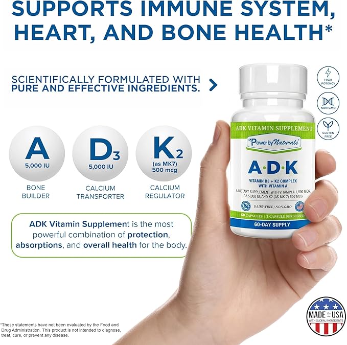 Power By Naturals ADK Vitamin Supplement – Vitamins A, D3 & K2 MK-7 for Bone Health & Calcium Absorption – Gluten-Free, Soy-Free – 60 Capsules (2-Month Supply)