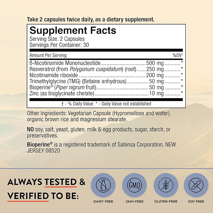 Mt. Angel Vitamins NMN Supplement + NR with Resveratrol & TMG, Dual NAD+ Precursors for Cellular Energy & Healthy Aging, 60 Capsules