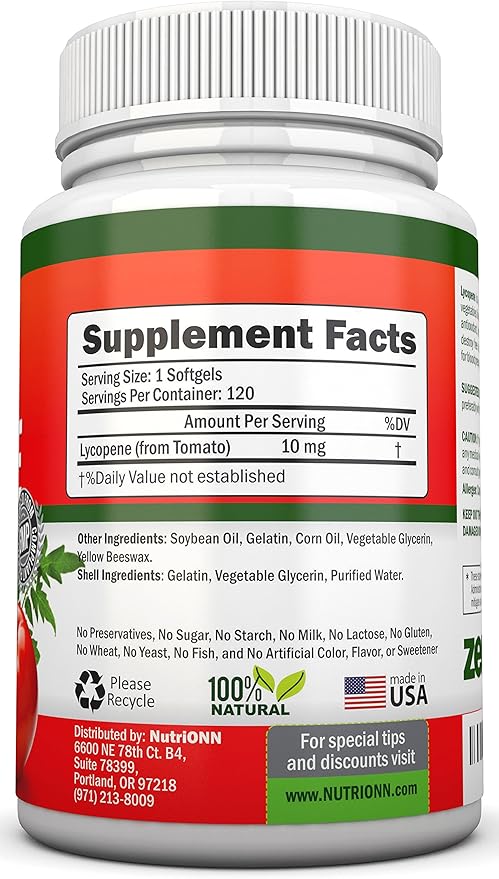 Lycopene - 10MG - 120 Softgels - 3 Month Supply - Premium Quality Antioxidant - 100% Natural Tomato - Great for Prostate Health, Immune System Support, Heart Health and Eyesight Support