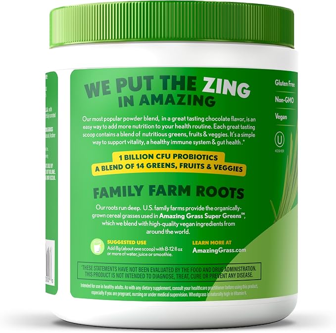 Amazing Grass Greens Blend Superfood: Super Greens Powder Smoothie Mix with Organic Spirulina, Chlorella, Beet Root Powder, Digestive Enzymes & Probiotics, Chocolate, 30 Servings (Packaging May Vary)