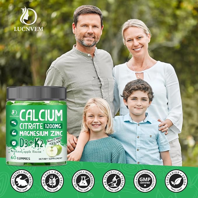 (2 Pack) Calcium Citrate 1200 mg with Vitamin D3 Gummies for Women & Men, Calcium Magnesium Zinc with Vitamin D3 K2 Supplement for Bone & Teeth Support, Natural Apple Flavor - 60 Day Vegan Supply