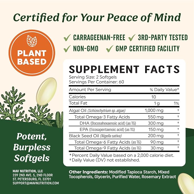 Vegan Omega 3 6 9 Algae Oil | Plant Based DHA EPA | Sustainably Sourced, No Carrageenan | Heart, Brain & Eye Health Support | Fish Oil Alternative | Omega 3 Fatty Acid Supplements | 120 Softgels