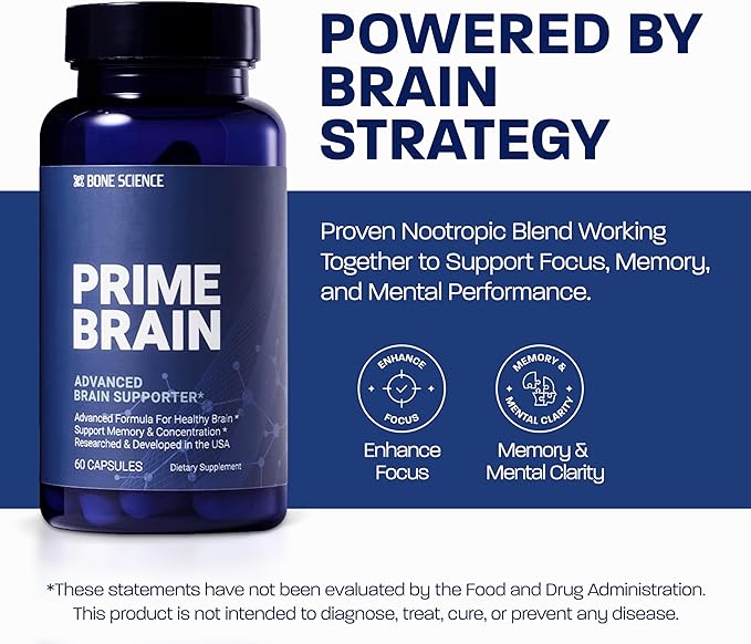 BONE SCIENCE Prime Brain – Memory & Focus Support Supplement with Alpha GPC, Phosphatidylserine & Ginkgo Biloba, Non-Stimulant Cognitive Health Formula for Adults & Teens, 60 Capsules