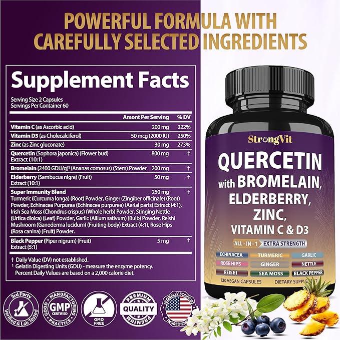 Quercetin with Bromelain, Elderberry, Vitamin C, D3 and Zinc. Super Immune Support Supplement. Organic Complex for Men & Women, Non-GMO, Gluten-Free, Vegan, USA (120 Capsules)