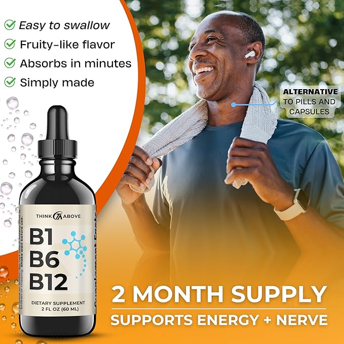 B1 B6 B12 Vitamin Liquid Drops - Daily Wellness Support Supplement - Fruity-Like Flavor - Methylcobalamin, Thiamine, Pyridoxine - 60 Day Supply - 2 oz - for Men and Women - Simply Made