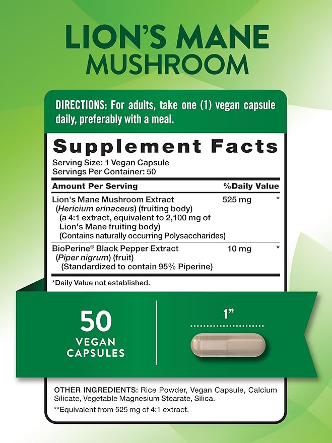Nature's Truth Lions Mane Supplement Capsules | 50 Count | with BioPerine | Vegan, Non GMO & Gluten Free Extract Formula
