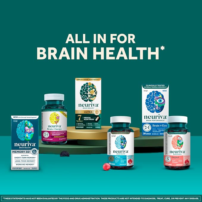NEURIVA Plus Decaffeinated Nootropic Brain Supplement for Memory, Focus & Concentration & Cognitive Function, Clinically Tested NeuroFactor, Phosphatidylserine, Vitamins B6 B12,50ct Strawberry Gummies