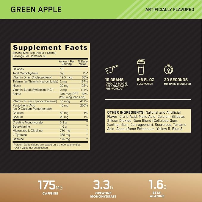Optimum Nutrition Gold Standard Pre Workout with Creatine, Beta-Alanine, and Caffeine for Energy, Flavor: Green Apple, 30 Servings (Packaging May Vary)