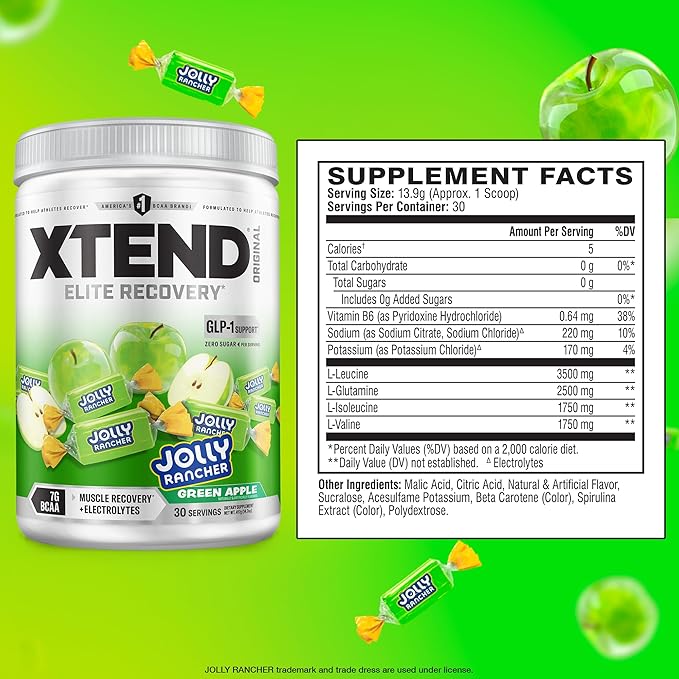 Xtend Original BCAA Powder, 7g BCAAs and 2.5g L-Glutamine for Muscle Recovery, Hydration, and Lean Muscle, Sugar Free Intra and Post Workout Drink with, Green Apple Jolly Rancher, 30 Servings