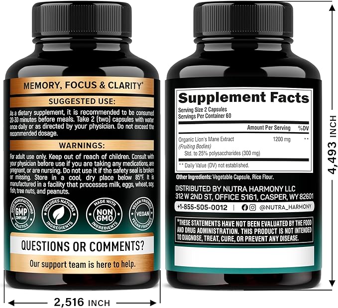 Lions Mane Supplement Capsules - Organic Lions Mane - Made in USA - Fruiting Bodies Extract - 1200 mg, 25% Polysaccharides - Memory & Focus Support - As Lions Powder - 120 Capsules, 2 Month Supply
